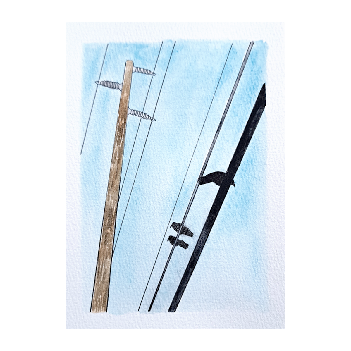 Scanned photo of the "Birds and Pole" watercolor illustration, it has a brown electrical pole, 3 black crows and a blue sky