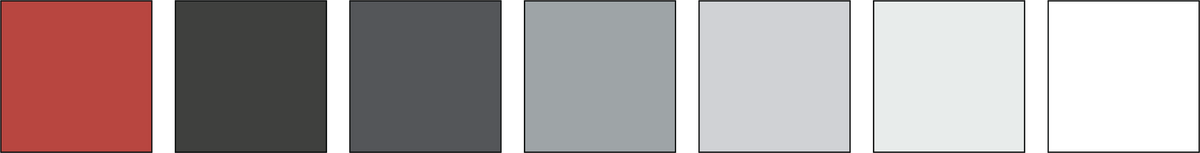 Photo of 7 squares showing the true color pallet of white, black, various shades of gray and bright red