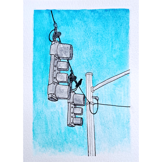 "Bird and Traffic Lights" Watercolor Illustration