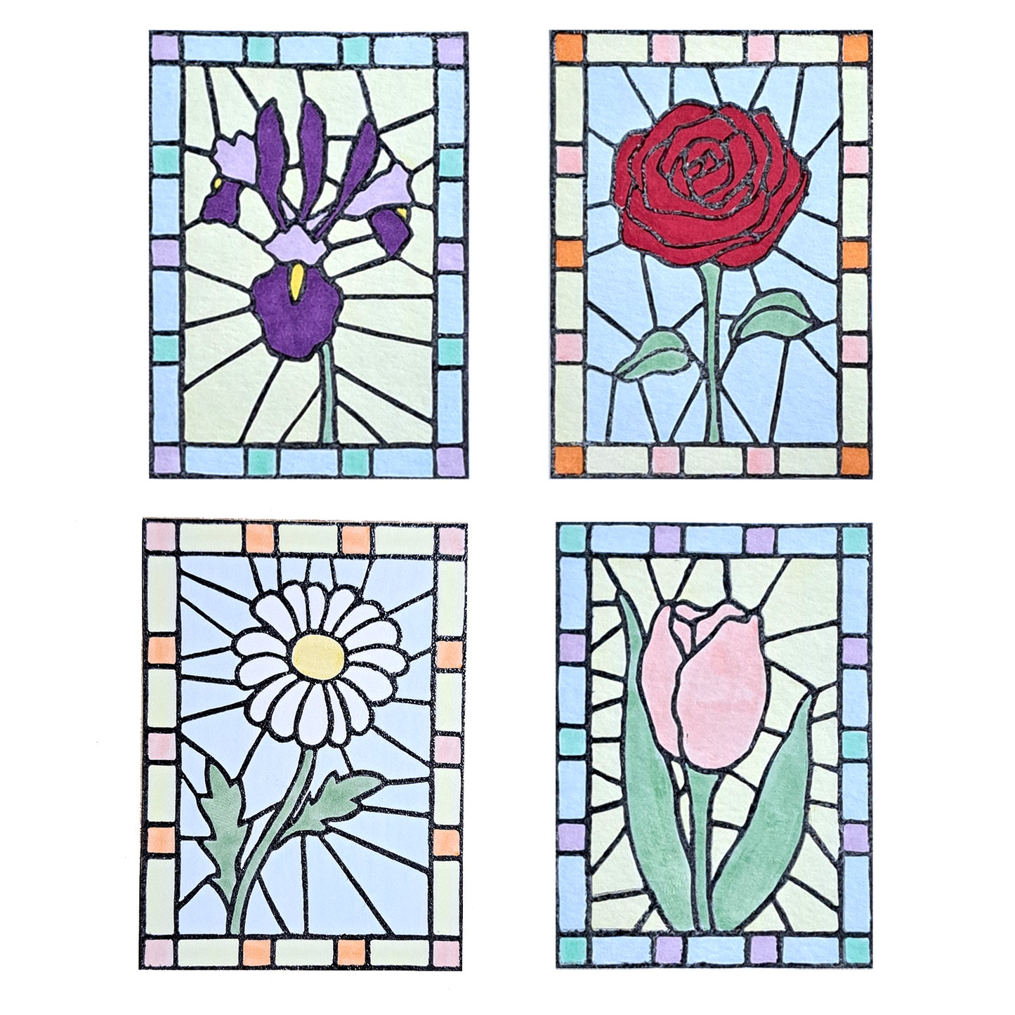 "Floral Stained Glass" Complete Set - Lino Print