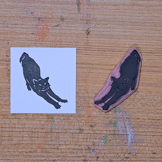 "Cat Stretching" Lino Print