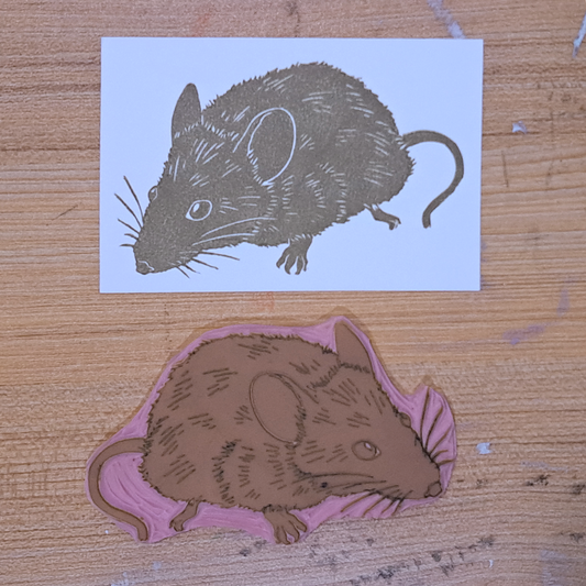 "Field Mouse Sniffing" Lino Print