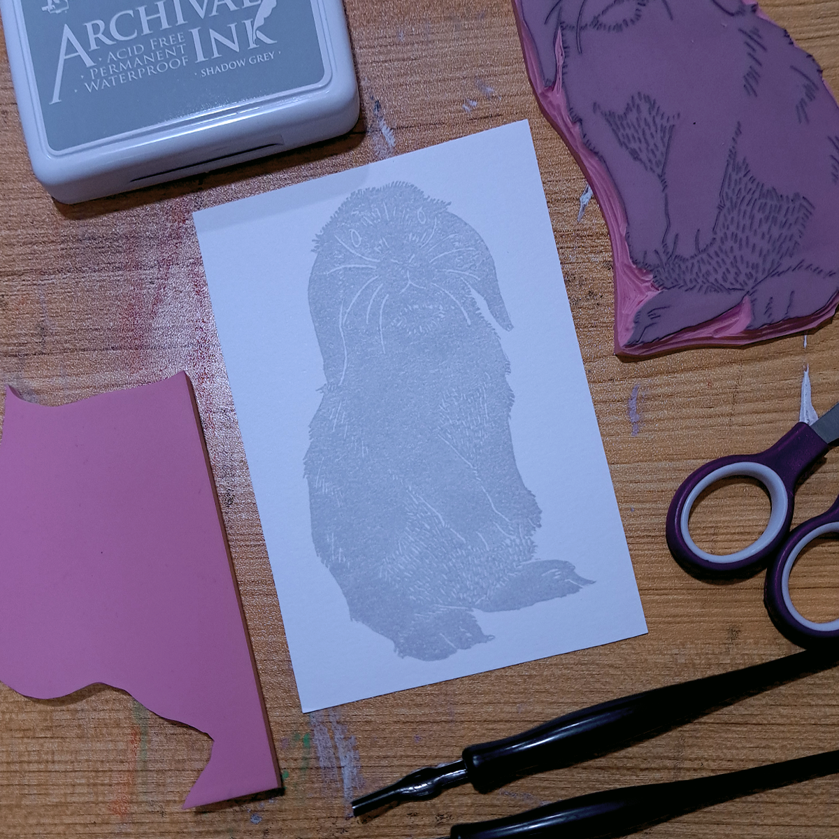 "Lop-Eared Rabbit Standing" Lino Print