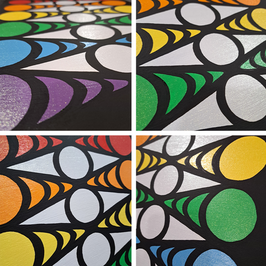 4 close up photos of the "Eye Chevron" painting to show shine and texture