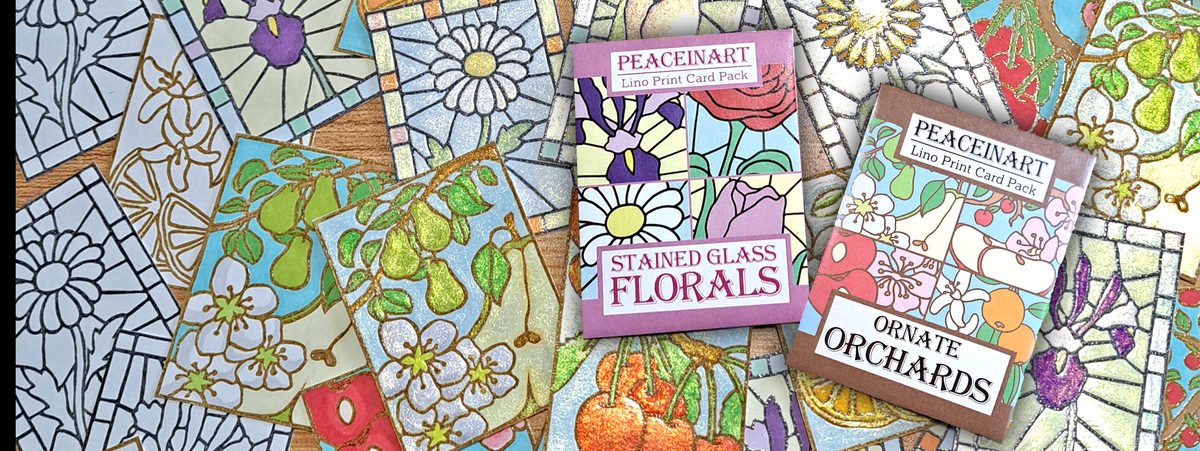 Edited photo of the "Ornate Orchards" and "Stained Glass Florals" lino print gacha packs in front of a background filled with overlapping floral and fruit themed lino print cards