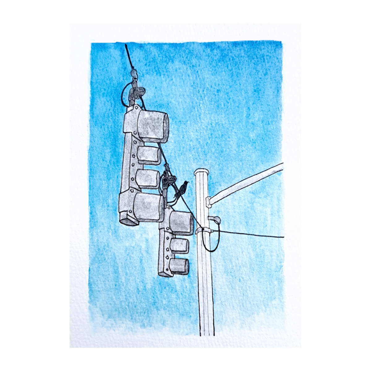 Scanned photo of the "Bird and Traffic Lights" watercolor illustration, it has a gray electrical pole, 2 gray traffic lights, a black crow and a blue sky