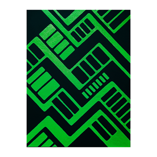 Photo of the "Circuit Board" painting against a white background. The painting has a abstract design using black and green