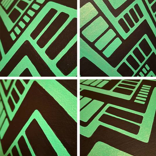 4 close up photos of the "Circuit Board" painting showing shine and texture