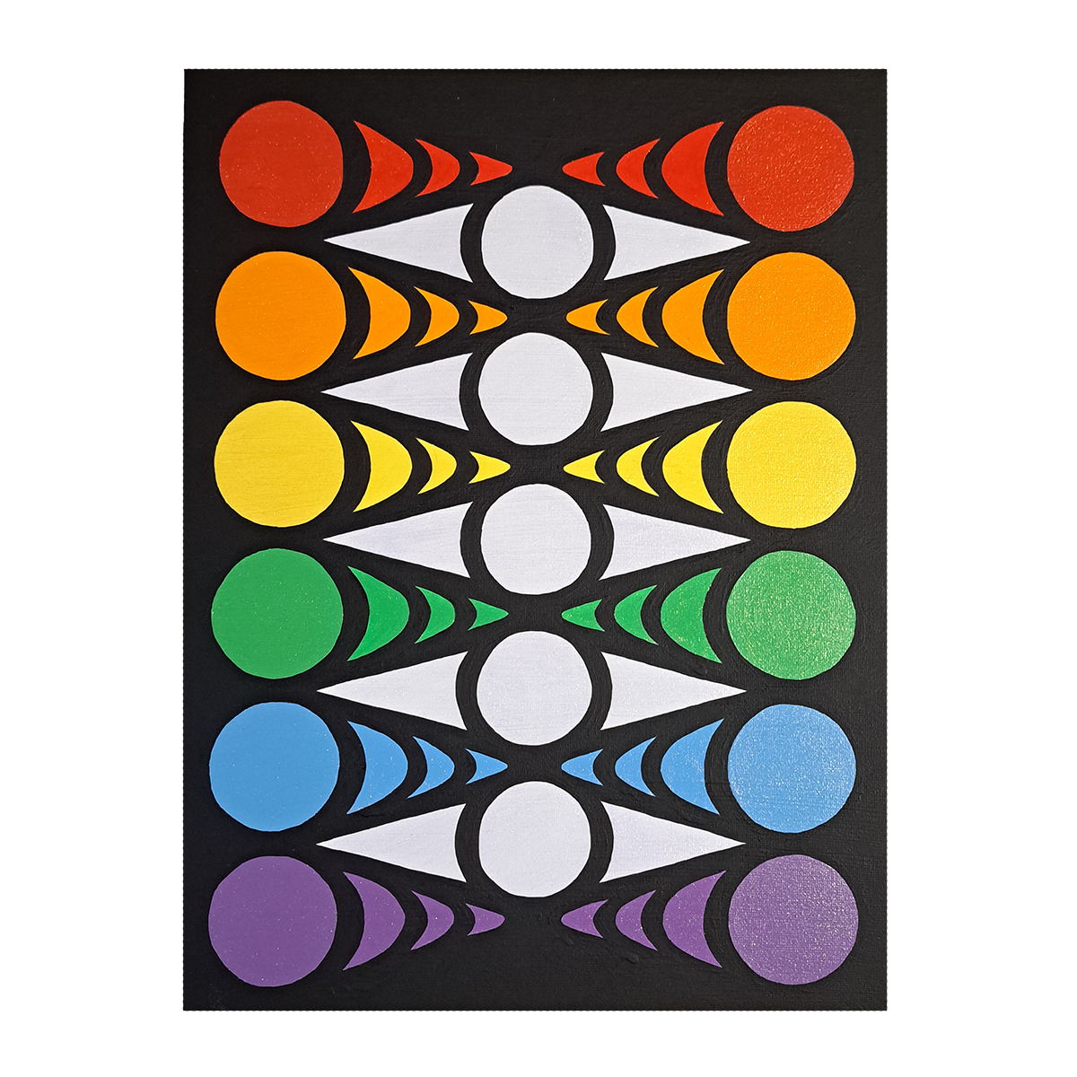 Photo of the "Eye Chevron" painting, which is an abstract design using black, white, red, orange, yellow, green, blue, and purple