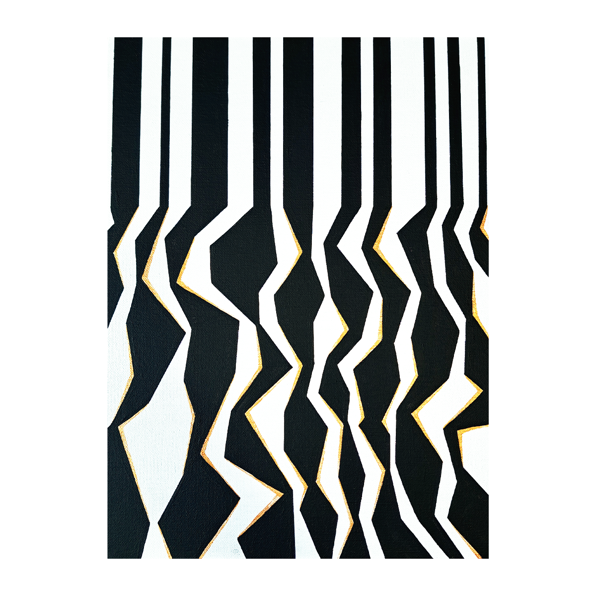 Photo of the "Faux Barcode" painting against a white background. The painting has an abstract design using gold, black and white