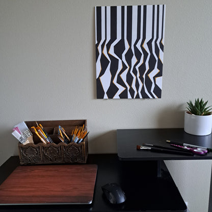 Staged photo of the "Faux Barcode" painting hung up on a wall behind a desk