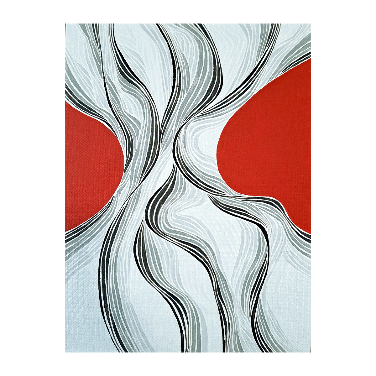 Photo of the "Grooves" painting against a white background. The painting has an abstract design using red, white, black, and various shades of gray