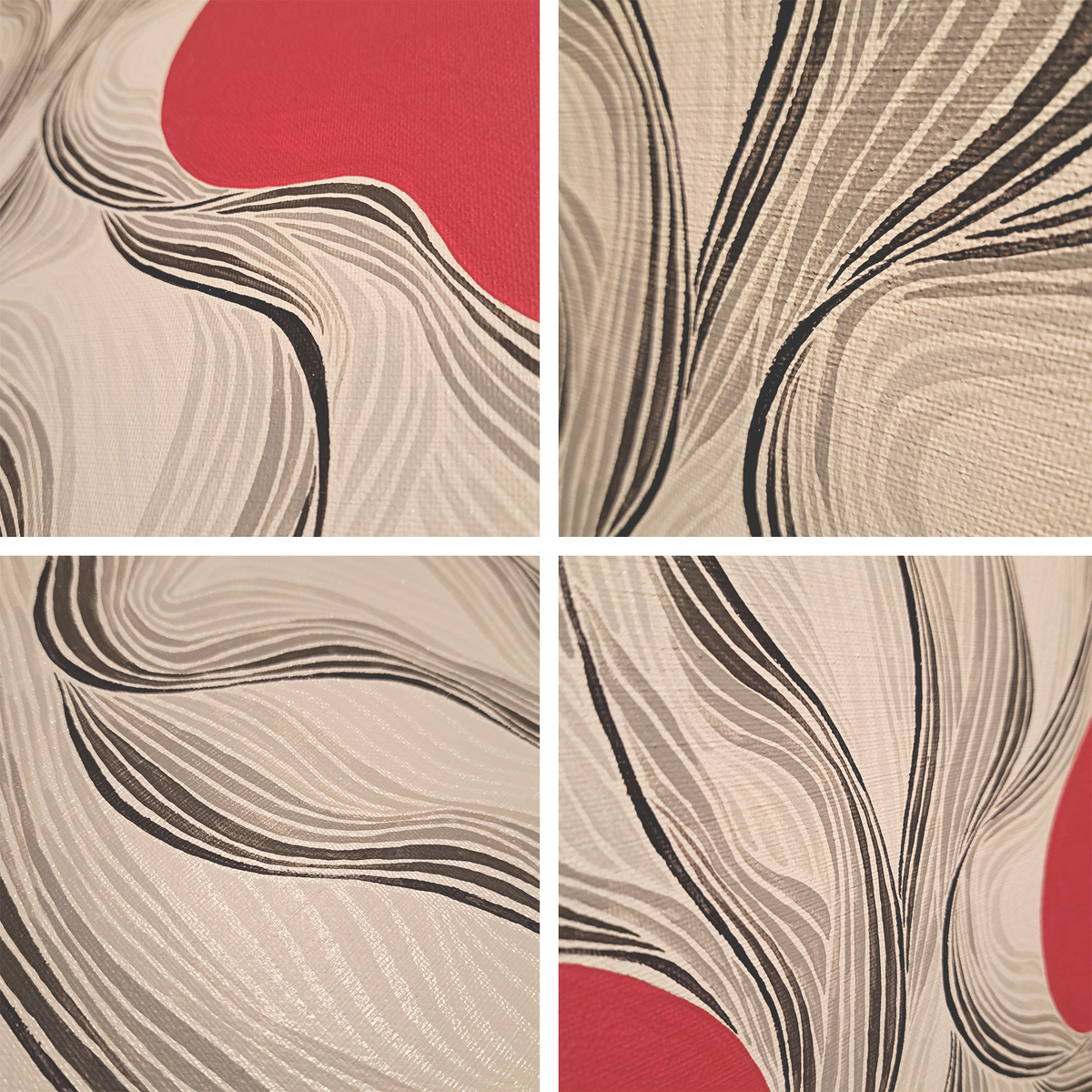 4 close up photos of the "Grooves" painting showing shine and texture