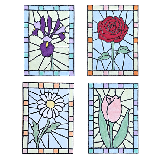 "Floral Stained Glass" Complete Set - Lino Print