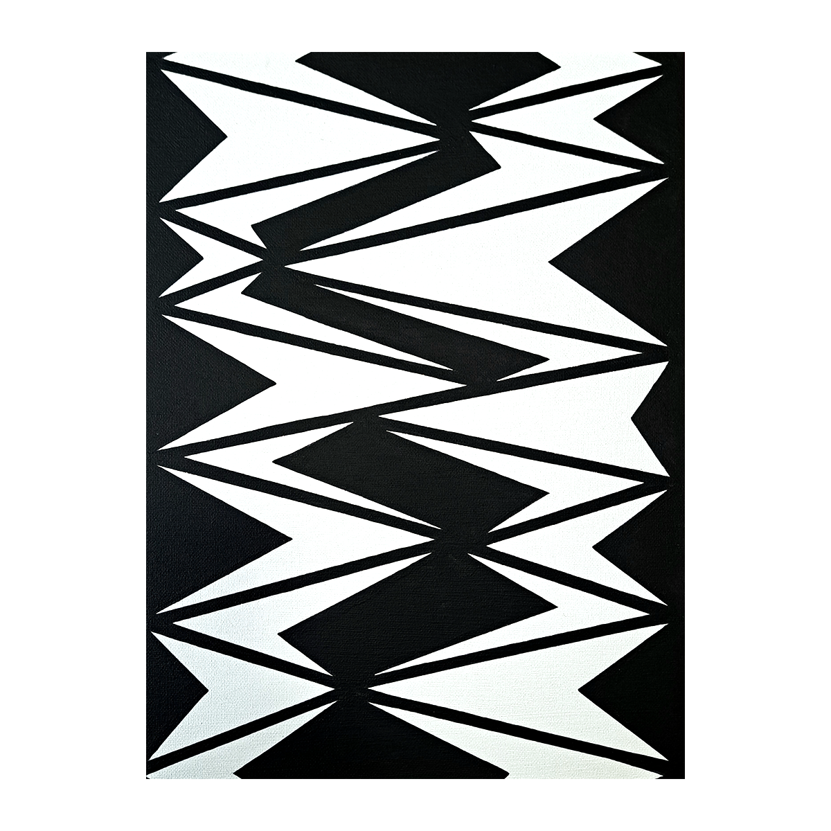 Photo of the "Oblique Darts" painting against a white background. The painting has an abstract design using black and white