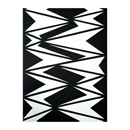 Photo of the "Oblique Darts" painting against a white background. The painting has an abstract design using black and white