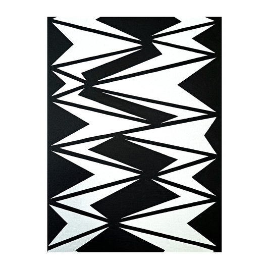 Photo of the "Oblique Darts" painting against a white background. The painting has an abstract design using black and white