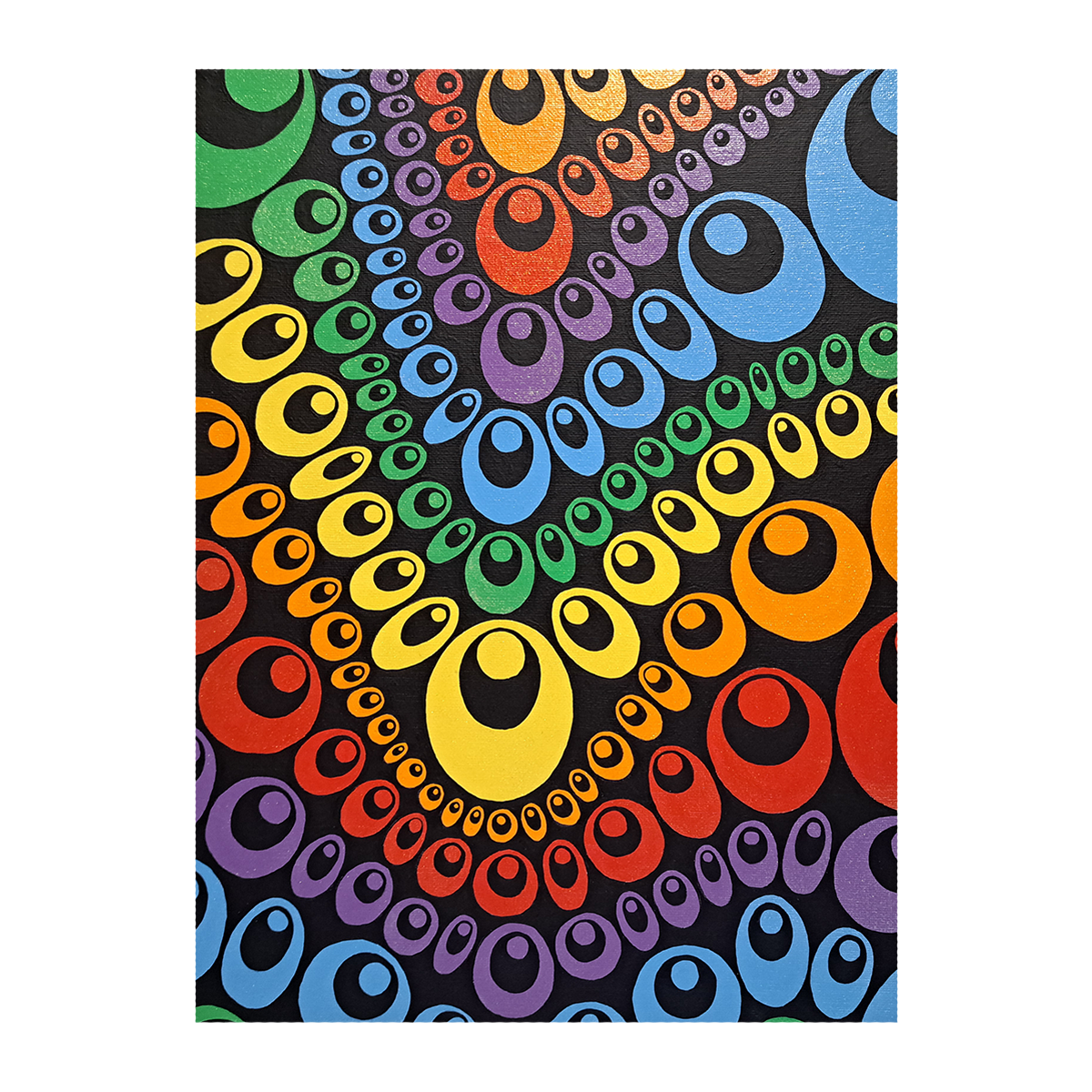 Photo of the "Rows of Teardrops" painting against a white background. The painting is an abstract design using black, red, orange, yellow, green, blue, and purple