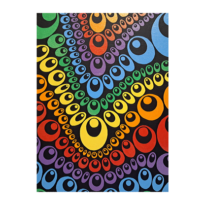 Photo of the "Rows of Teardrops" painting against a white background. The painting is an abstract design using black, red, orange, yellow, green, blue, and purple