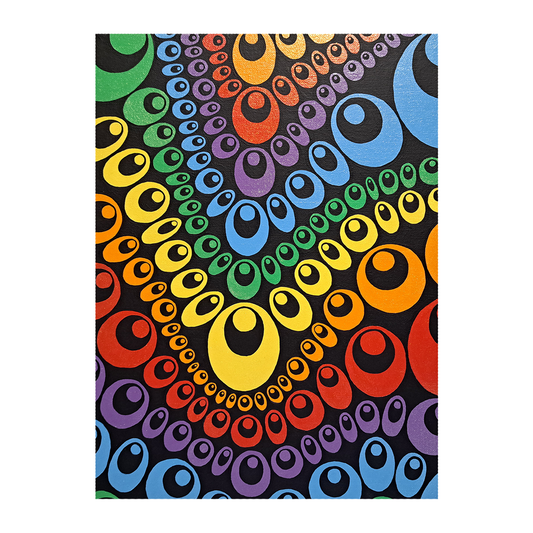 Photo of the "Rows of Teardrops" painting against a white background. The painting is an abstract design using black, red, orange, yellow, green, blue, and purple