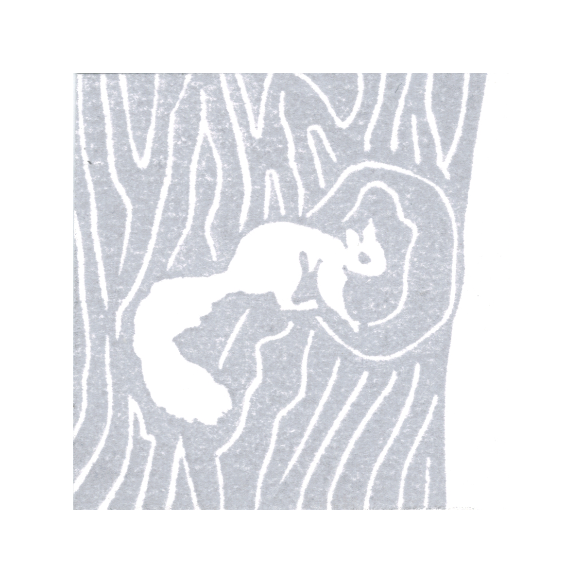 Scanned photo of the "Squirrel In Hole" lino print, it is stamped in gray ink