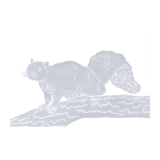Scanned photo of the "Squirrel On Branch" lino print, it is stamped in gray ink