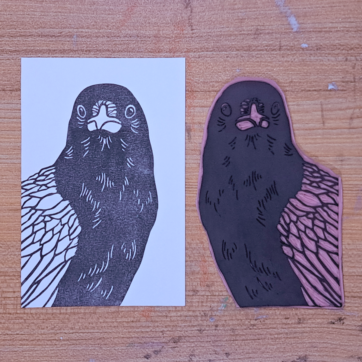 "Crow Staring"  Lino Print
