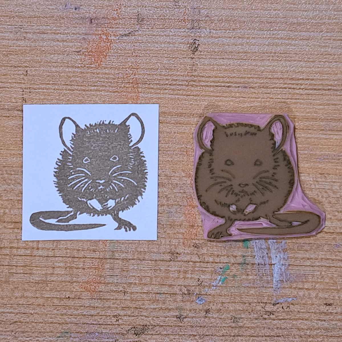 "Field Mouse Close" Lino Print