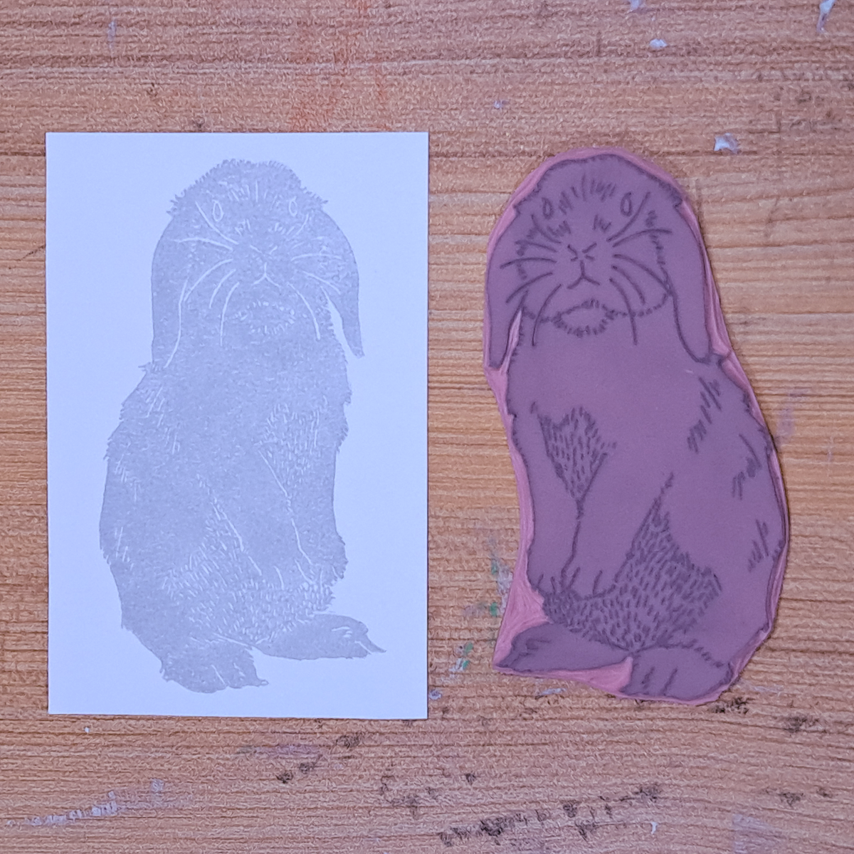 "Lop-Eared Rabbit Standing" Lino Print