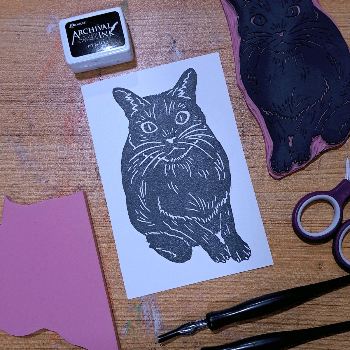 "Cat Staring"  Lino Print