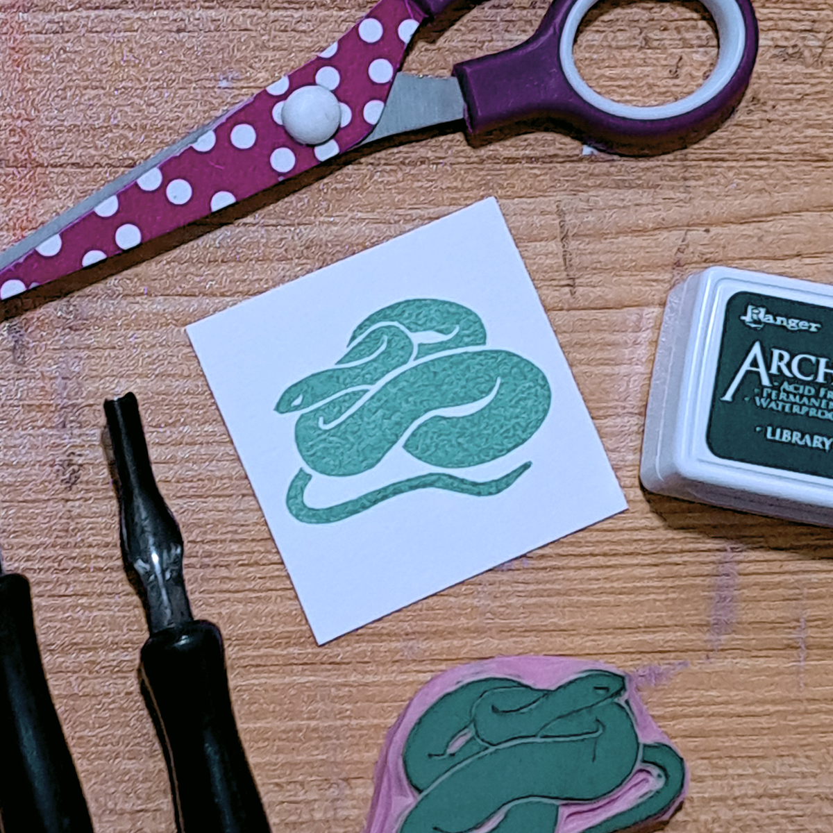 "Coiled Snake" Lino Print
