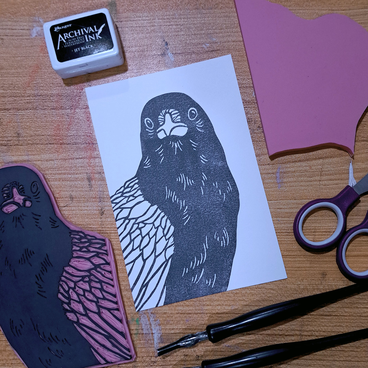 "Crow Staring"  Lino Print