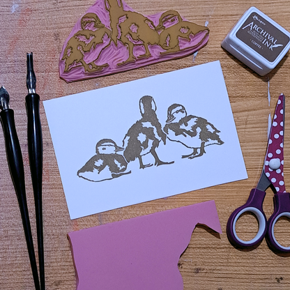 "Duckling Trio" Lino Print