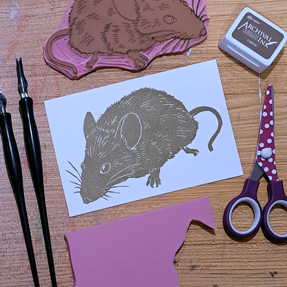 "Field Mouse Sniffing" Lino Print