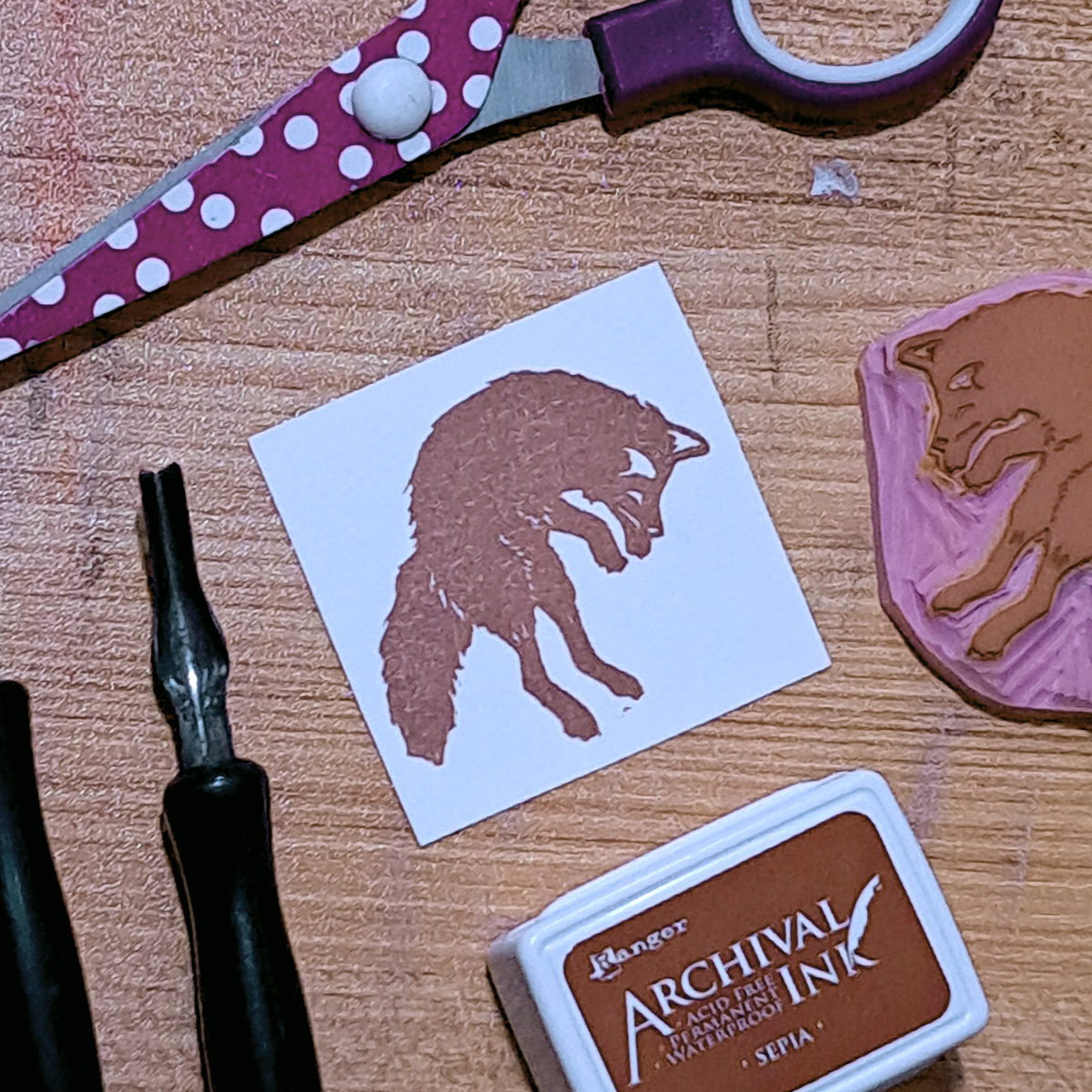 "Fox Jumping"  Lino Print