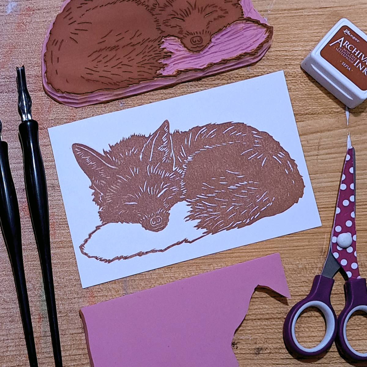"Fox Sleeping"  Lino Print