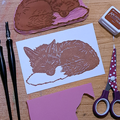 "Fox Sleeping"  Lino Print