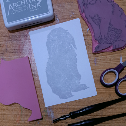 "Lop-Eared Rabbit Standing" Lino Print
