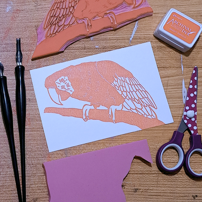 "Macaw Leaning" Lino Print