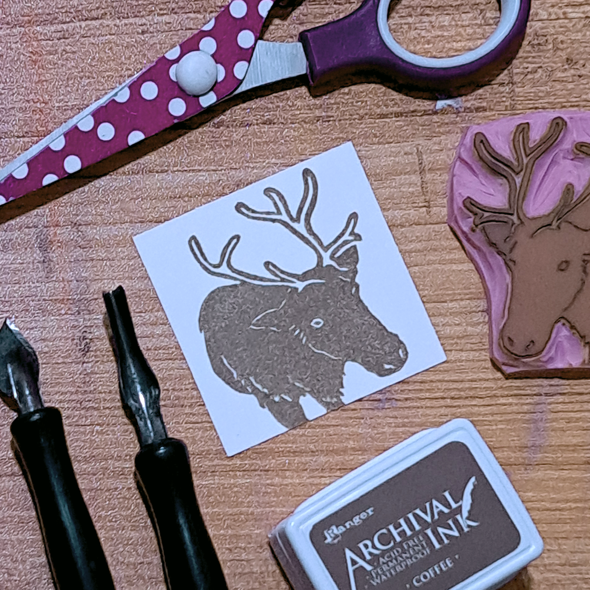 "Reindeer Close" Lino Print