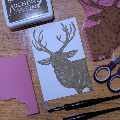 "Reindeer Staring" Lino Print