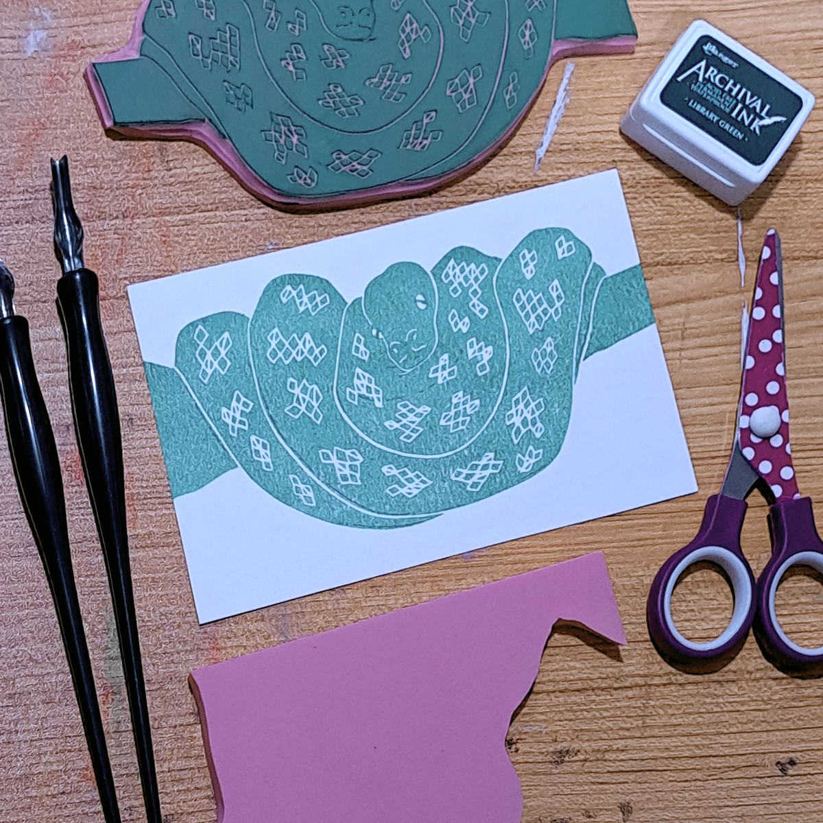 "Snake On Branch" Lino Print