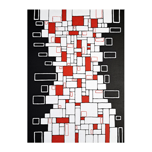 Photo of the "Tower of Tiles" painting against a white background. The painting has an abstract design using black, white, and red