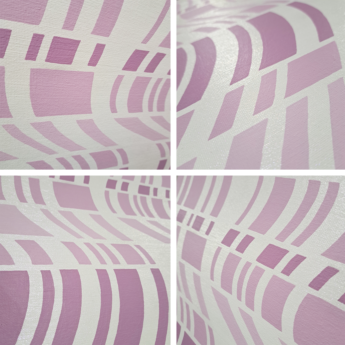 4 close up photos of the "Expanding Wave" painting showing shine and texture