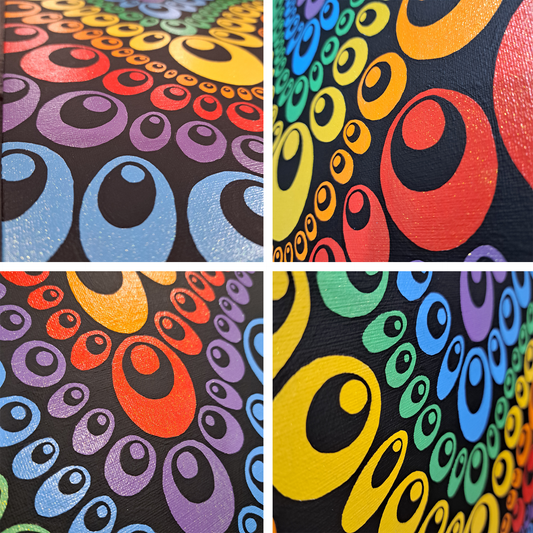 4 close up photos of the "Rows of Teardrops" painting showing shine and texture