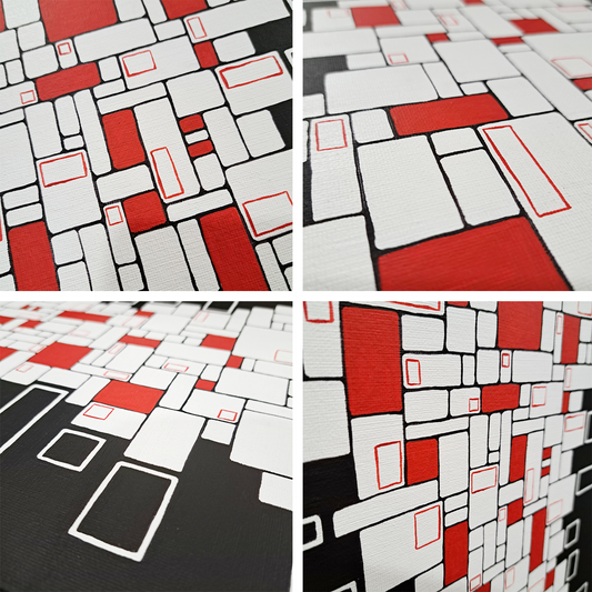 4 close up photos of the "Tower of Tiles" painting showing detail and texture